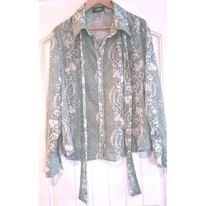 Cider Green & White Paisley Pussybow Blouse OXL  Chic Office Wear Flowy Elegant
